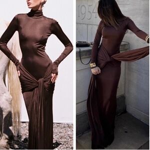 NEW Helsa Knit Slinky Jersey Sarong Maxi Dress - Chocolate Brown Cocktail